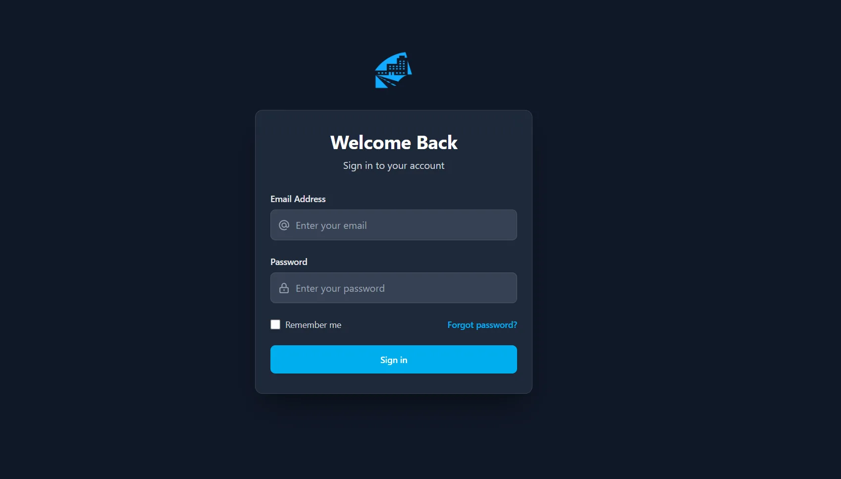 Login screen for email and password authentication