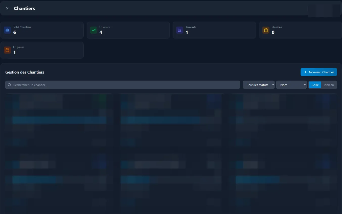 Sanitized construction-site list with status and progress cards