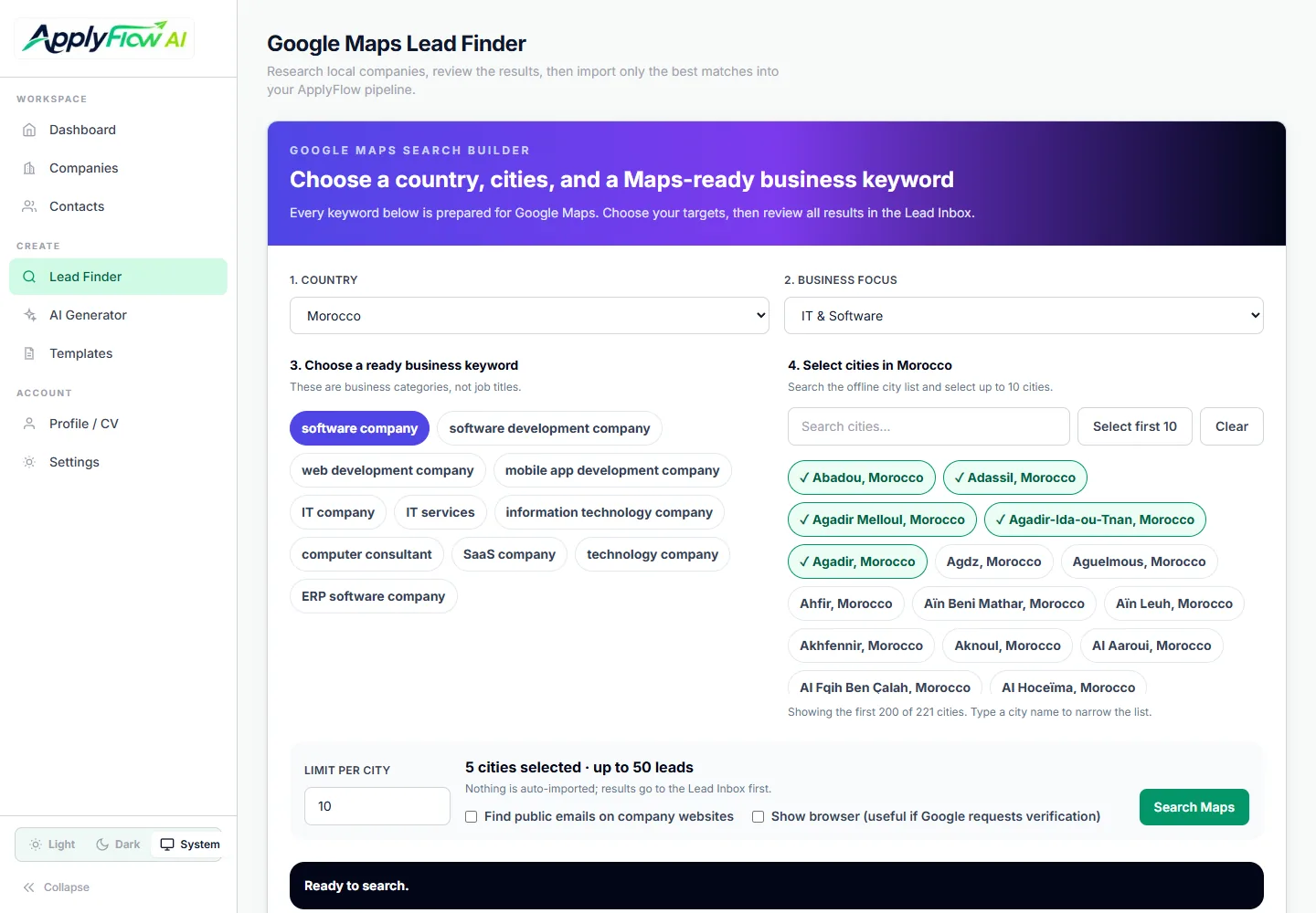 ApplyFlow AI lead research workspace